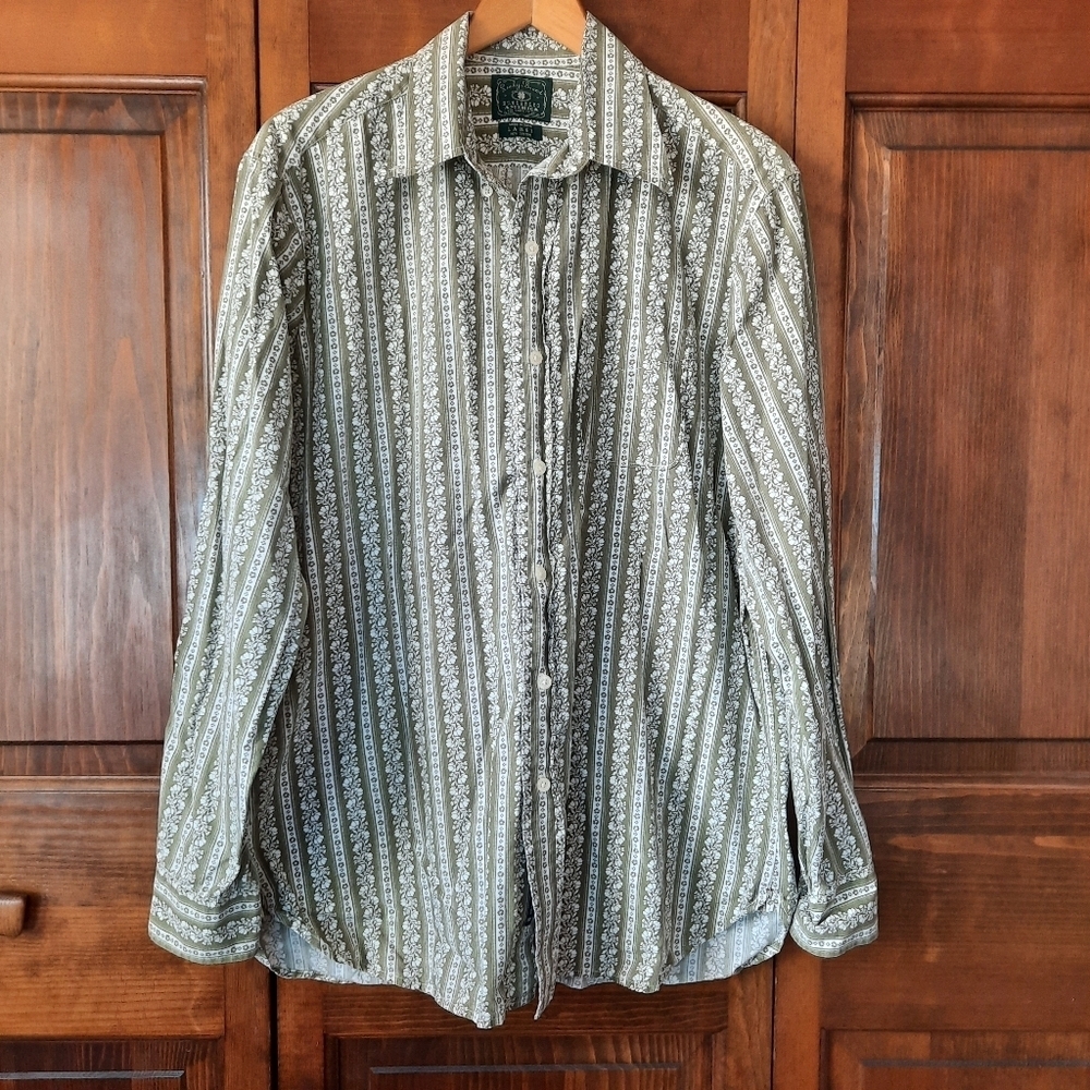 Lucky Brand Retro 100% Cotton Sage Green White Floral Striped Button Down Shirt